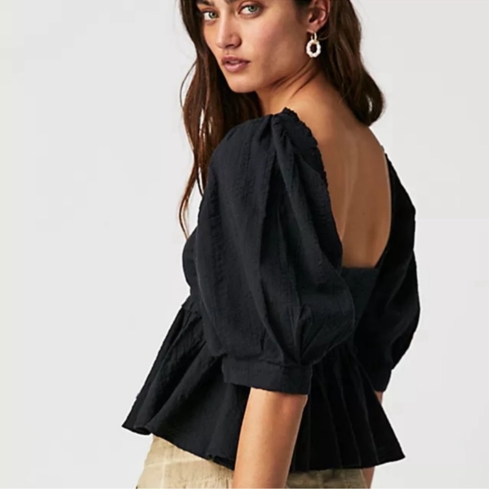 NWOT Free People Black Leave It To Me Ruffled Peplum Babydoll Cropped Top medium